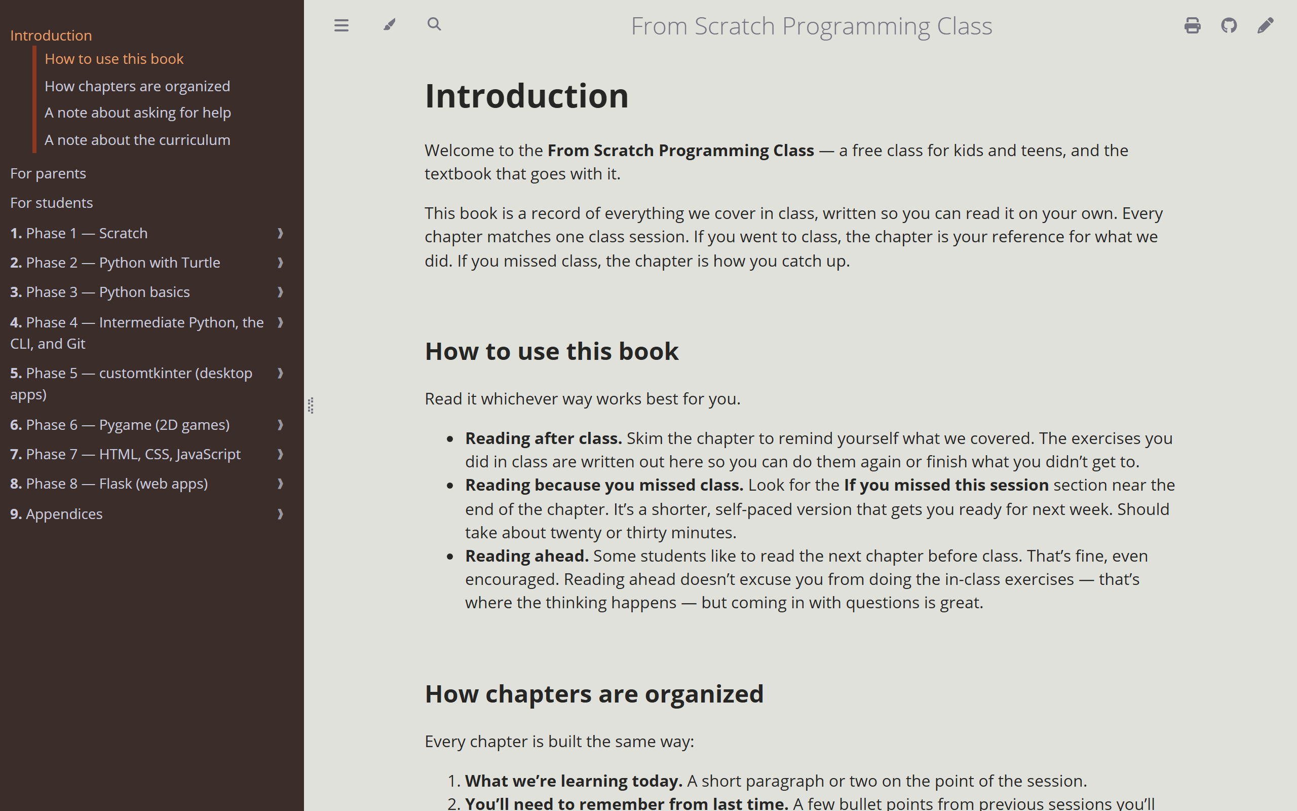 The From Scratch textbook, showing the introduction chapter and its table of contents