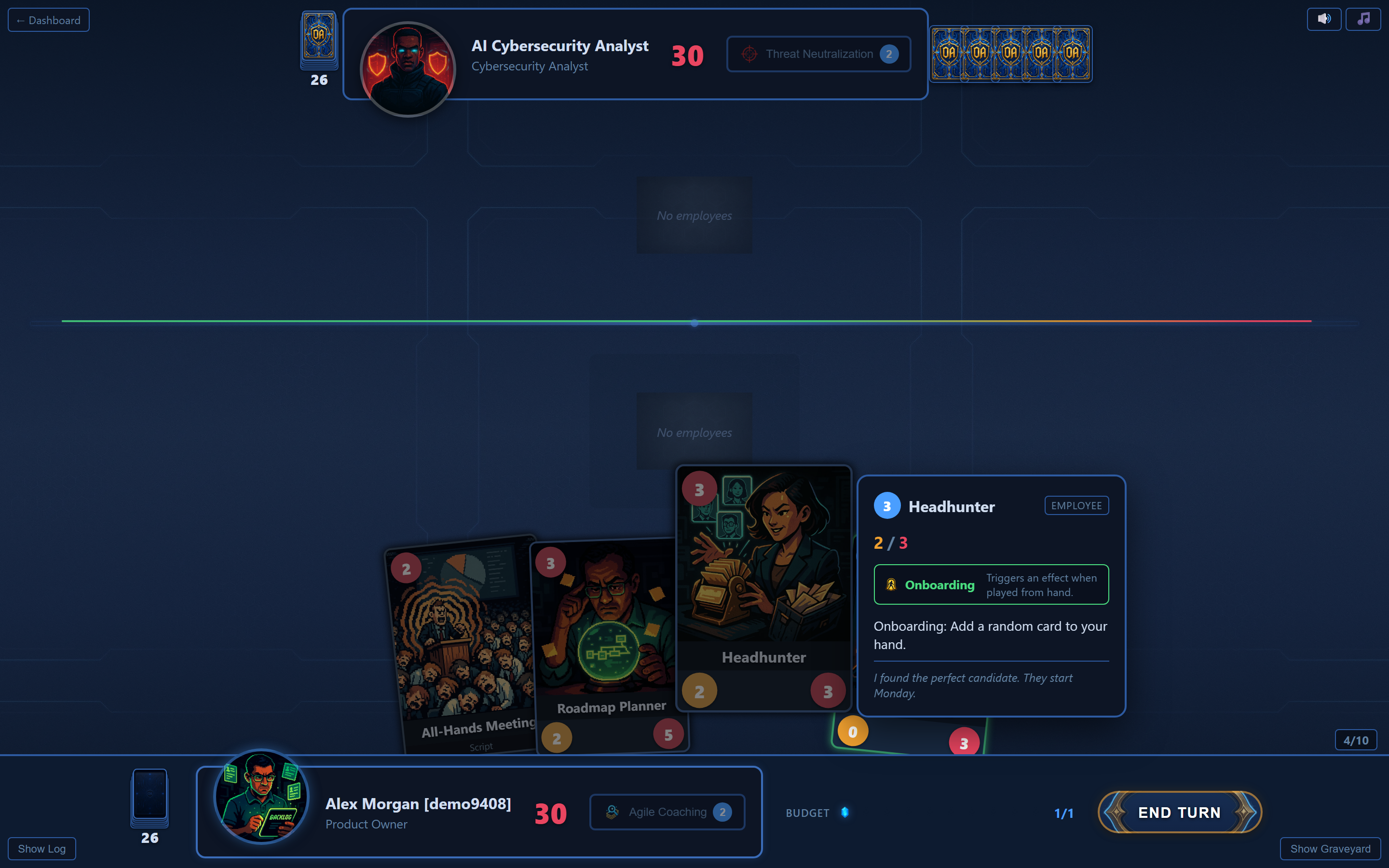 An Office Arena match in progress, showing both heroes, a hand of cards and a card's keyword detail
