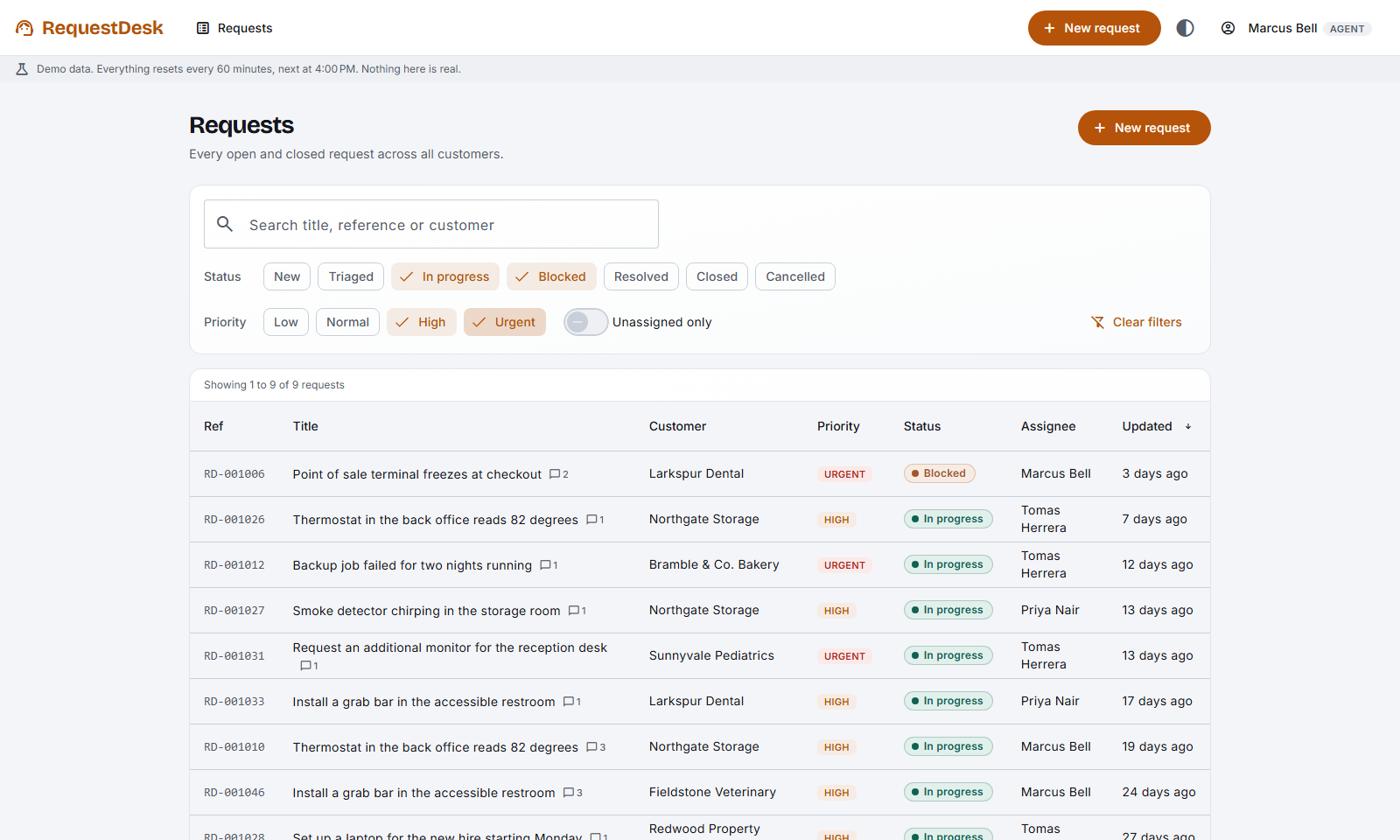 The RequestDesk request list, showing reference numbers, status chips and filters